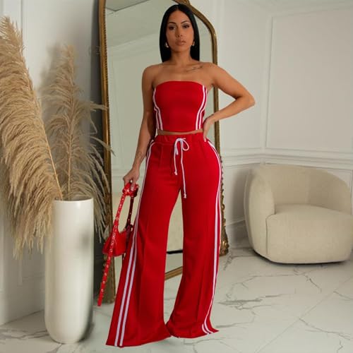 Women's Fashion 2 Piece Going Out Outfits Sexy Bodycon Tube Crop Top Drawstring Wide Leg Flared Long Pants Set3