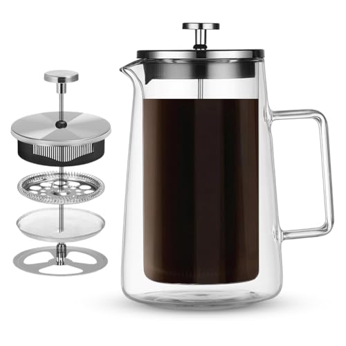 French Press Cafetera Cafetera Prensa de Vidrio Cafetera Cafetera para el Hogar, Diseño Térmico Doble Pared Prensa Manual Filtro Transparente Apto para Lavavajillas para Café y Té 1000ml