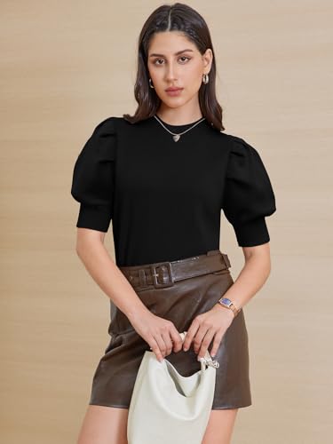 ATHMILE Women's Puff Short Sleeve Sweater Tops 2025 Spring Summer Fall Trendy Casual T Shirts Blouses2