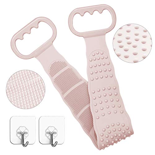 MeritSoar Silicone Back Scrubber for Shower- Back Cleaning Shower Strap Exfoliating Lengthen Silicone Body Back Brush Long Lasting Comfortable Massage for Shower for Men Women（Pink）