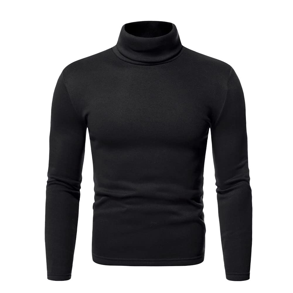Casual Mens Basic Turtleneck T Shirts Thermal Slim Fit Lightweight Long Sleeve Cotton Pullover Top Black