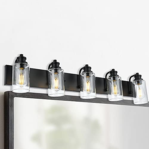 VINLUZ Industrial Bathroom Vanity Lighting 5 Light,Clear Glass Cylinder Shade Farmhouse Metal Base Wall Light Fixture in Black Finish for Bath Living Room - Image 3