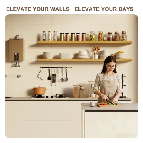 Image of 60in Floating Shelves, 2-Pack 12in Deep Wall Shelf | Solid Paulownia Wood, natural-clear finish, hidden brackets, space-saving storage for kitchen living room bedroom bathroom