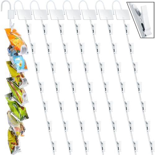 小売ディスプレイメタルディスプレイスタンド 8個 ベンダー用 チップホルダー コンセッションやパントリー用 ポテトチップバッグラック ラベルヘッダーとクリップ7個付き 吊り下げ商品ホルダー フック付き (ホワイト)