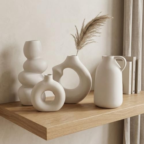 Image of Ceramic Flower Vase Set of 4 | Modern Nordic Minimalist White Decorative Vases (Donut, Arch, Bubble & Handle Design) | Pampas Grass & Dried Flower Vase for Living Room, Table, Shelf & Office Decor