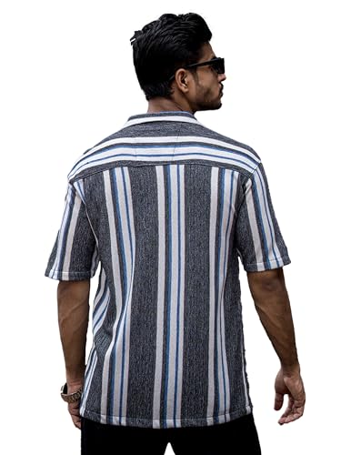 Image of Maniac Mens Striped Collar Neck Half Sleeve Jacquard Oversized Shirt
