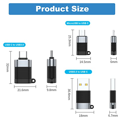 AreMe USB C Adapter (6 Pack), Micro USB Male to USB C Female, USB 3.0 Male to USB C Female, USB Type-C Male to USB 3.0 Female Converter Connector