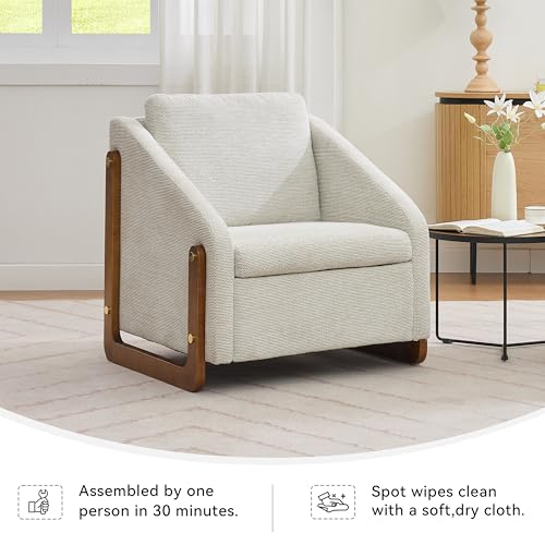 Sillón tapizado chenille beige con estructura de madera miniatura 3