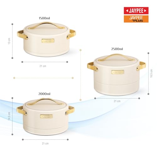 Image of JAYPEE Luxura Inner Stainless Steel Serving Casserole Set of 3 Elegance Unique Design PU Insulated 100% Food Grade with Lockable Lid, Chrome Plated Handle Hot Case |1500, 2000, 2500 ml, Ivory