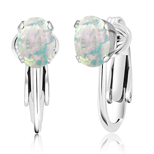 Gem Stone King 925 Sterling Silver White Simulated Opal Clip-On Earrings For Women (1.26 Cttw, Oval Cabochon 7X5Mm) #TOP20