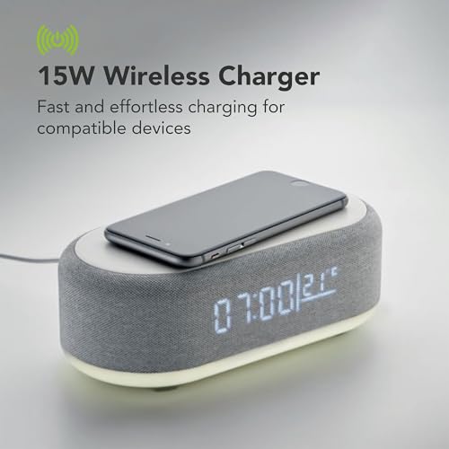 Image of Uranus 6-in-1 Multifunctional Multipurpose Bedside Digital Alarm Clock with 15W Wireless Charger, LED Temperature Display, RGB Night Lamp, Bluetooth Speaker