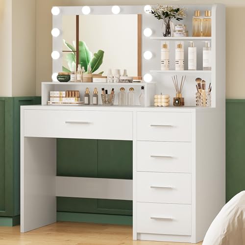 Quimoo Vanity Desk with Mirror & Lights, Makeup Vanity with 5 Drawers & Storage Shelves, White...