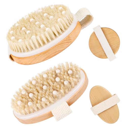 AKONE Cepillo seco para drenaje linfático, 2 unidades, cerdas de jabalí, cepillo de masaje corporal, exfoliante celulitis, mejora la circulación sanguínea, cepillo redondo de masaje de baño de 11 cm