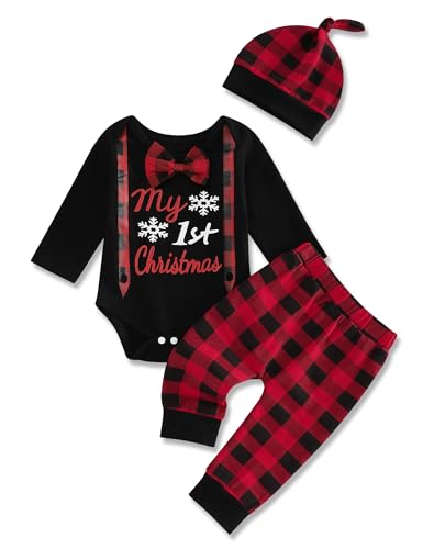 Image of Baby Boy Christmas Outfit My First Christmas Gentleman Romper Red Plaid Pants with Hat Clothes Sets
