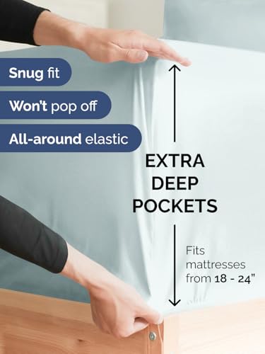 Image of Extra Deep Full Fitted Sheet - Single Fitted Sheet Only - Ice Blue | Easily Fits 18 inch to 24 inch Mattress, Soft, Wrinkle Free, Breathable & Comfy, Extra Deep Pockets Hotel Luxury Fitted Sheet