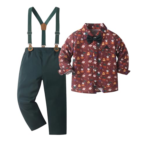 Image of Boarnseorl Baby Boys Pants Sets, Infant Long Sleeve Shirt + Pants + Bow Tie + Suspenders Outfits