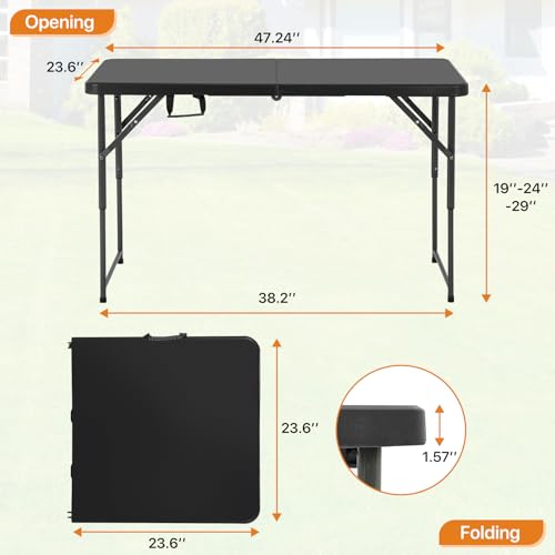 Folding Table, 4 FT Heavy Duty Plastic Foldable Table with Carrying Handle, Adjustable Height Portable Party Tables for Garden Party Picnic Camping BBQ Dining Kitchen Wedding Market Events (Black) - Image 3