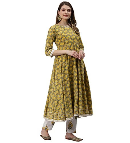 Image of Divena Mustard Cotton Anarkali Kurta Pant Set With Dupatta