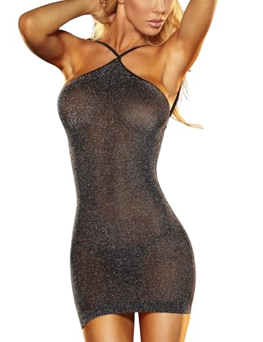 Gatamiau Damen Sexy Tranparent Kleid, Neckholder Rückenfrei Glänzendes Dessous, Sexy Negligees Enges Bodycon mit G-String, Babydoll Nachtwäsche...