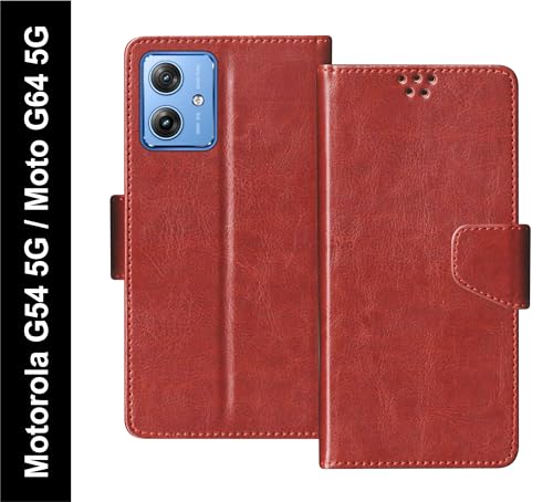 Image of SBMS Flip Cover for Motorola Moto G64 5G / G54 5G Back Cover Case with Magnatic Closure | Inbuilt Stand | Card & Money Pocket (Tan Brown)