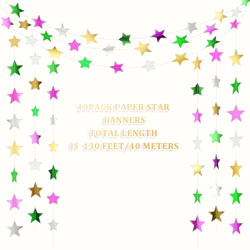 Image of Patelai Glitter Star Garland Banner 2026 Graduation Decor 130 Feet Star Hanging Banner Twinkle Backdrop for Party Birthday Classroom Wedding Supplies(Green,Pink,Gold,Silver)