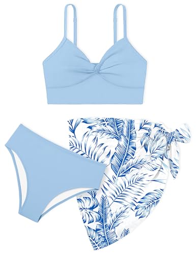 MIGU Girls Swimsuit Bathing Suit Solid Color Twist Cross Tropical Floral 3 Piece Girls' Swimwear Bikini with Cover Up 9-16T