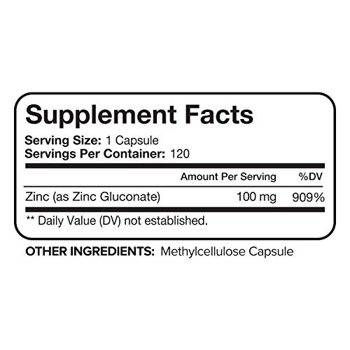 Nutrivein Premium Zinc Gluconate 100Mg - 120 Capsules - Immunity Defense Boosts Immune System & Powerful Antioxidant - Promotes Healthy Skin And Acne Defense - Essential Elements For Absorption #TOP2