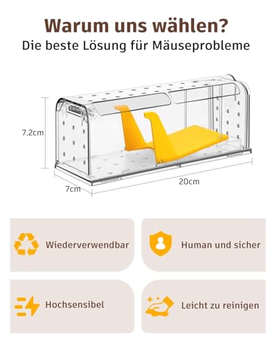 KENNEAS Mausefalle Lebend 4er Pack, Lebendfalle Maus, Wiederverwendbar, Tierfreundliche, Hochsensitive Quick Release, Kontakt mit Mäusen vermeiden - Gartenzubehör(4, Transparent)