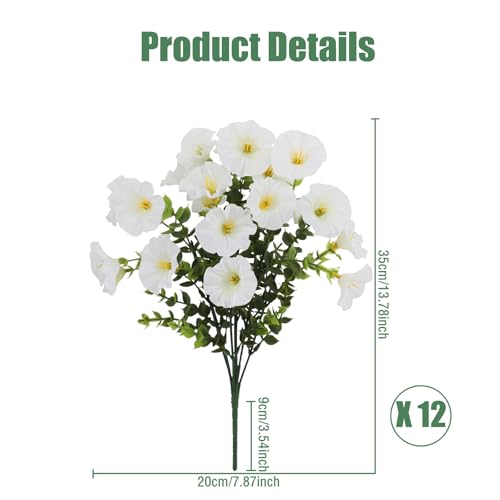12 Bundles Artificial Flowers for Outdoors Decoration, Fake Silk Morning Glory Flowers Faux Eucalyptus Plants UV Resistant for Patio Garden Home Decor (White) image 1