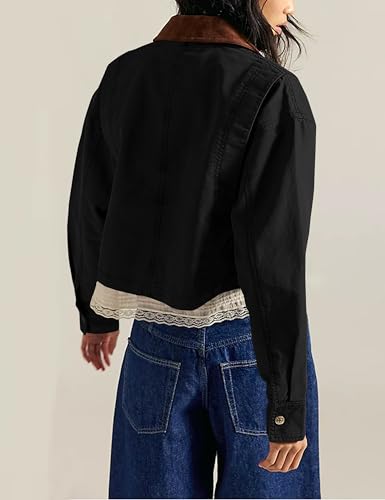 HangNiFang Womens Cropped Jacket Contrast Collar Outwear Long Sleeve Cotton Short Cargo Jacket with Pockets2