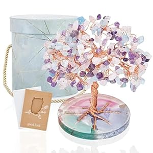ZenBless 7 Chakra Healing Crystals Stones Tree, Amethyst, Pink Crystal, Aquamarine Leaf Wire Wrapped on Natural Agate Slice Base, Home Office Desk Living Room Feng Shui Decoration for Luck