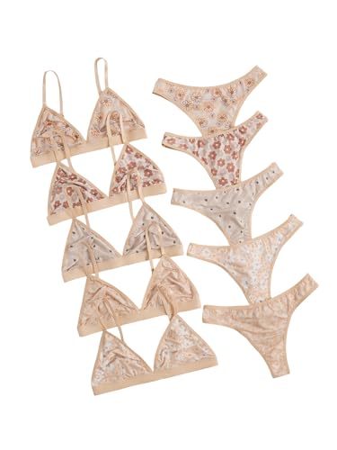 Image of BEAUDRM Women's 5 Sets Matching Bra and Panty Set Polka Dots Print Lingerie Set Triangle Bralettes and Low Rise Thong Set