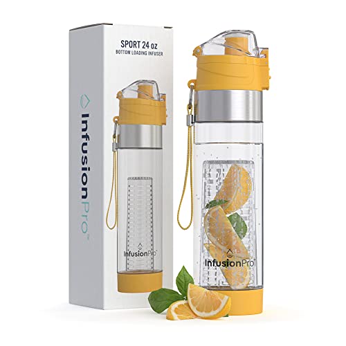 Infusion Pro 24 oz Fruit Infuser Water Bottler, Insulated Sleeve & Fruit Infused Water eBook : Bottom Infuser for More Flavor : Locking Flip Top Lid : Unique Gift Idea - Mango