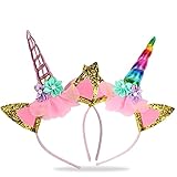 decoraciones de unicornio para fiestas infantiles DIFERENTES COMBINACIONES DE COLOR: dos diademas de cuerno de unicornio de diferentes colores se combinan para combinar con diferentes estilos de atuendos, lo que los hace únicos en la fiesta.