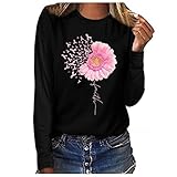 Womens Pink Ribbon Daisy Flower Breast Cancer T-Shirt Long Sleeve Tshirts Inspirational Shirts Plus Size.S-3XL