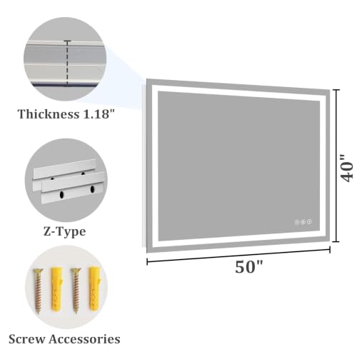 Image of Koonmi 50x40 LED Bathroom Mirror with Light, Anti-Fog, 3 Colors
