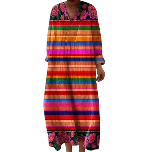 Vestido de mujer largo elegante Boho Chic Floral Vintage, Cuello en V Mangas Largas de Lino Ligero con Bolsillos, Vestido Elegante Casual para Vacaciones Primavera Verano Tamaño Grande Curvy 2026 Moda