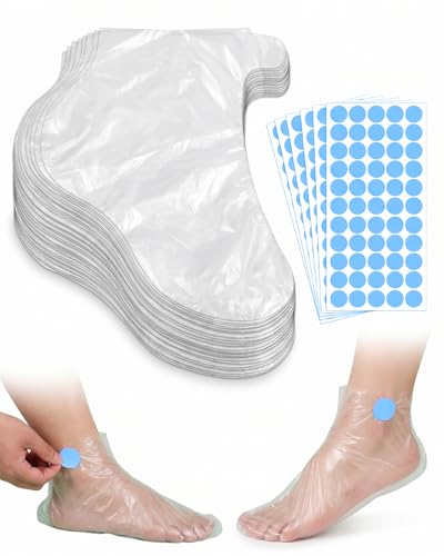 TISCH 100 unidades de calcetines desechables con 100 adhesivos fijadores, cubiertas extendidas para pies 315mm ideales para baño de parafina y pedicura, bolsas plásticas para pies secos hasta talla 43
