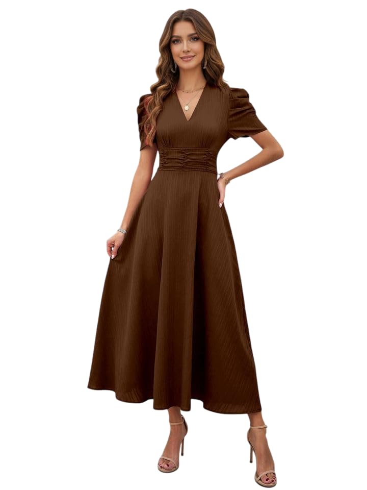 Image of Women's Solid Color V-Neck A-Line Maxi Stylish One Piece Long Midi Dress Party Outfit | Waist Cinched Puff Sleeve Elegant Casual Dresses for Women