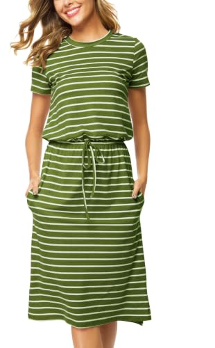 Image of Simier Fariry Womens Summer Hide Belly Knee Length Travel Dress Pocket Short Sleeve Midi Work Casual Outfits