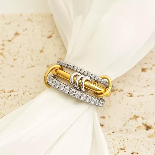 SUYACS 14K Gold Plated Interlocked Stackable Rings for Women Non Tarnish 925 Sterling Silver Mixed Metals Multi Statement Stack Ring Two Tone Connected Bands CZ Thumb Ring Jewelry Gifts (Gold & Silver CZ (3 Layer), 6) by SUYACS - Used condition - Image 5
