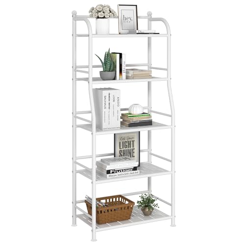 FKUO 5 Tier Metal Shelf Storage Shelves Living Room Bookshelf Bathroom Corner Storage Rack for Kitchen,Indoor Plant Stand (Matte White, 5 Tier)