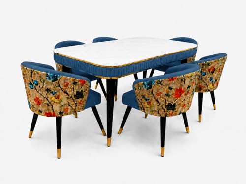Image of WOODEN SPACE 6-Seater Wooden Dining Table Set | Nano Composite Marble Top | Solid Wood Base | Modern Dining Room Furniture with 6 Chairs (Blue Printed)