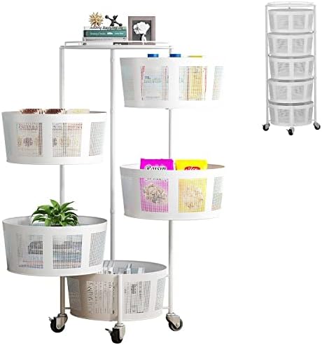 IKESOMUE Rack-Rotating Vegetable Rack Floor-Standing Rotating Basket Storage Shelf Stand Round Multi-Layer Kitchen Trolley 5 Tier Organizer with Wheels for Bathroom Living Room Bedroom (White) H1001