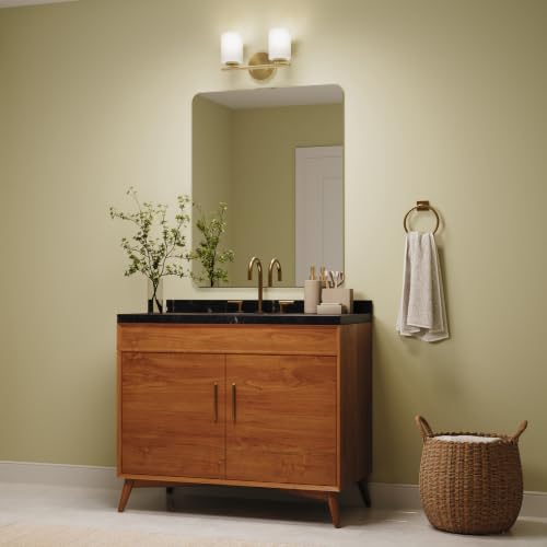 Image of Progress Lighting Replay 13 Inch 2-Light Vanity Light, Transitional, Brushed Gold with Etched Glass Shades, (7.875 inch H x 13 inch W x 6 inch D), P2158-191