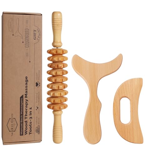 SAMEBUTECO 3 in 1 Lymphatic Drainage Massager Wood Manual Fascia Massage Roller and Gua Sha Tool Set...