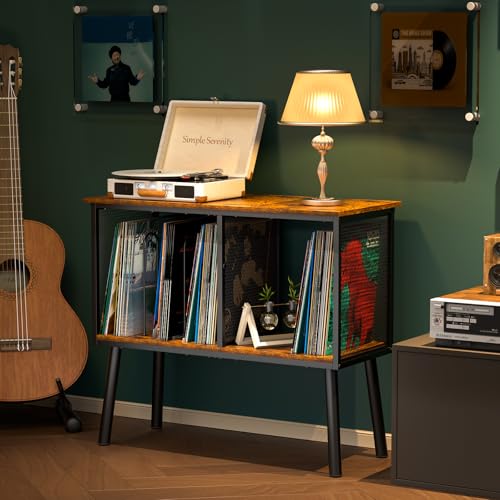 Image of Record Player Stand with Adjustable Divider Vinyl Storage Holder Up to 200 Albums Mid-Century Large Record Player Table Vinyl Holder Turntable Stand End Table for Bedroom & Living Room, Patent Pending