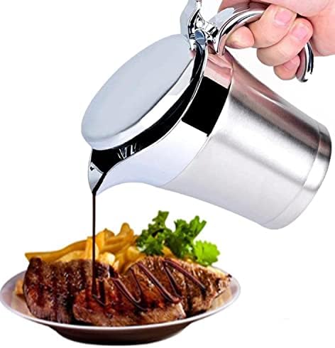 FOXDISK 304 Stainless Steel Double Insulated Gravy Boat 16 oz with Hinged Lid,Sauce Jug and Steak Sauce Pot Double Walled Insulated Thermal (16 oz/450ml)