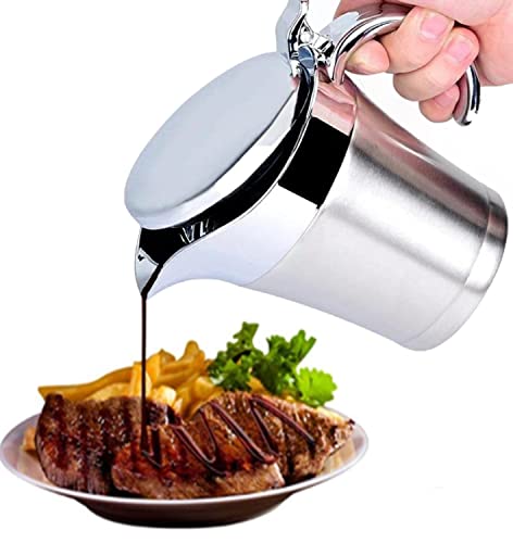 Foxdisk 304 Stainless Steel Double Insulated Gravy Boat 16 Oz With Hinged Lid,Sauce Jug And Steak Sauce Pot Double Walled Insulated Thermal (16 Oz/450Ml) #TOP1