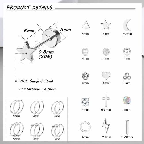JeryWe 21 Pairs 20G Stainless Steel Tiny Stud Earrings for Women Helix Cartilage Earring Studs Hoops Screw Back Earrings Flat Back Earrings Set